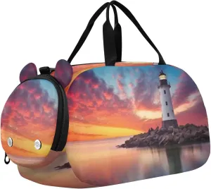 Lighthouse in The Ocean Duffle Bag for Girl, Sports Duffle Gym Bags with Shoe Compartment, Personalized Overnight Bag Travel Weekender for Kids