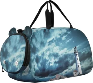 Lighthouse on Rocks Duffle Bag for Girl, Sports Duffle Gym Bags with Shoe Compartment, Personalized Overnight Bag Travel Weekender for Kids