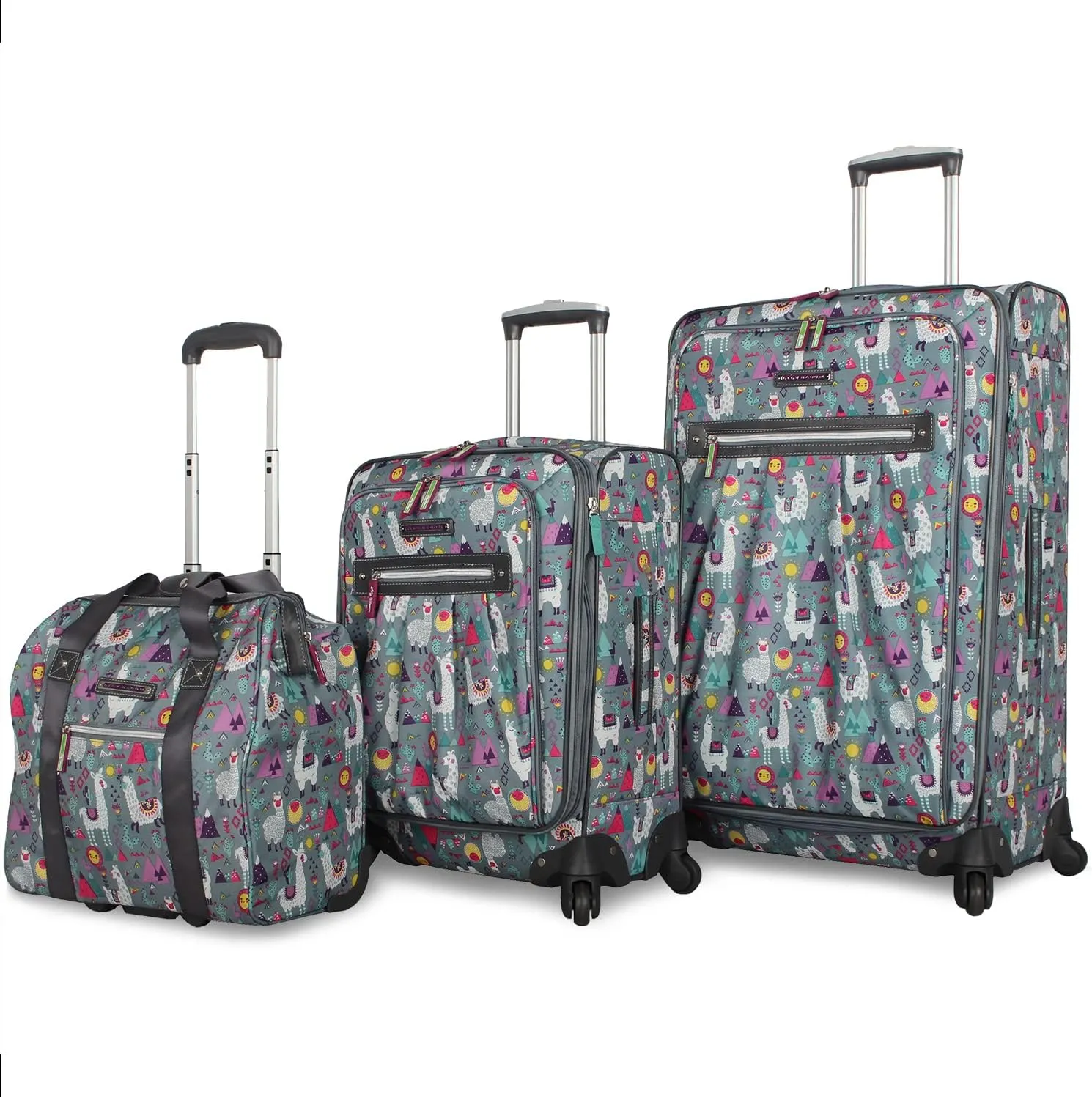 Lily Bloom Luggage 3 Piece Softside Spinner Suitcase Set Collection (Llama Mama)