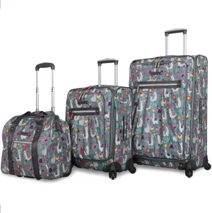 Lily Bloom Luggage 3 Piece Softside Spinner Suitcase Set Collection (Llama Mama)