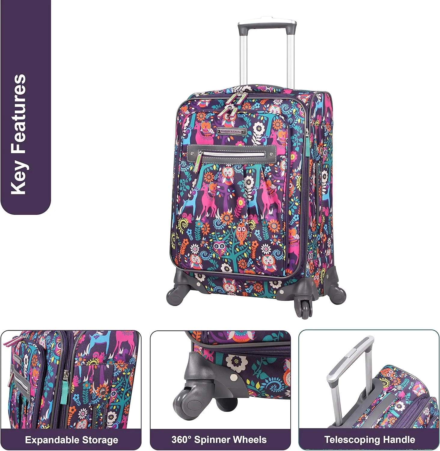 Lily Bloom Midsize 24" Expandable Design Pattern Luggage With Spinner Wheels For Woman (24in, Wildwoods)