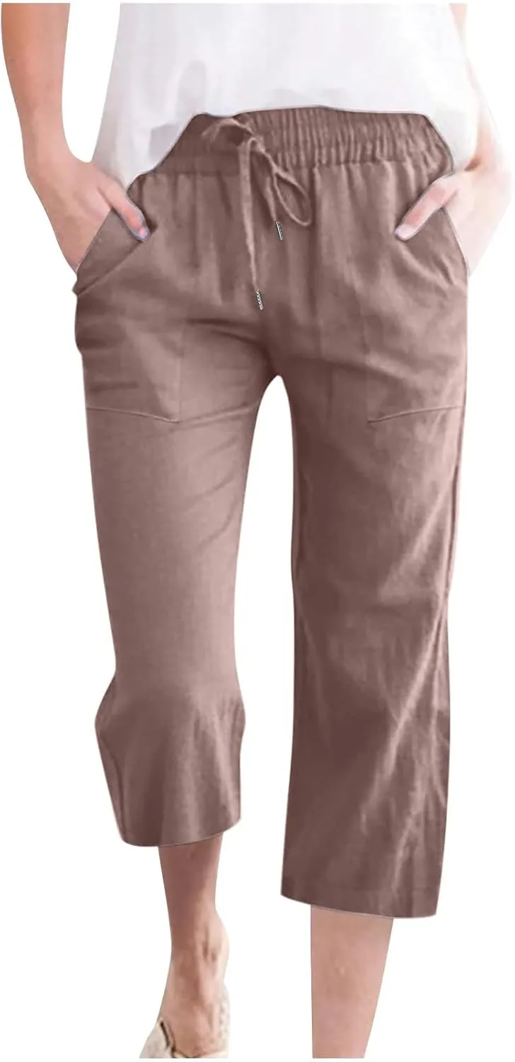 Linen Summer Pants for Women 2024 Wide Leg Capris Palazzo Capri Pants Dressy Causal Gauze Pants with Pockets