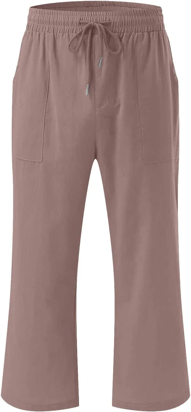 Linen Summer Pants for Women 2024 Wide Leg Capris Palazzo Capri Pants Dressy Causal Gauze Pants with Pockets