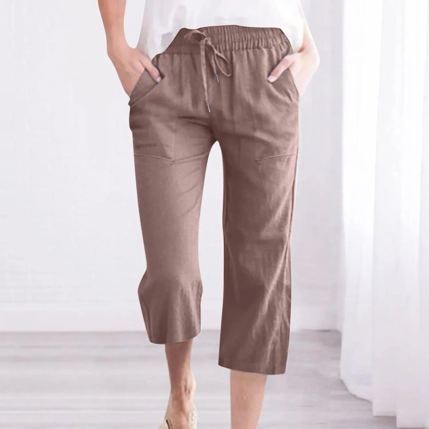 Linen Summer Pants for Women 2024 Wide Leg Capris Palazzo Capri Pants Dressy Causal Gauze Pants with Pockets