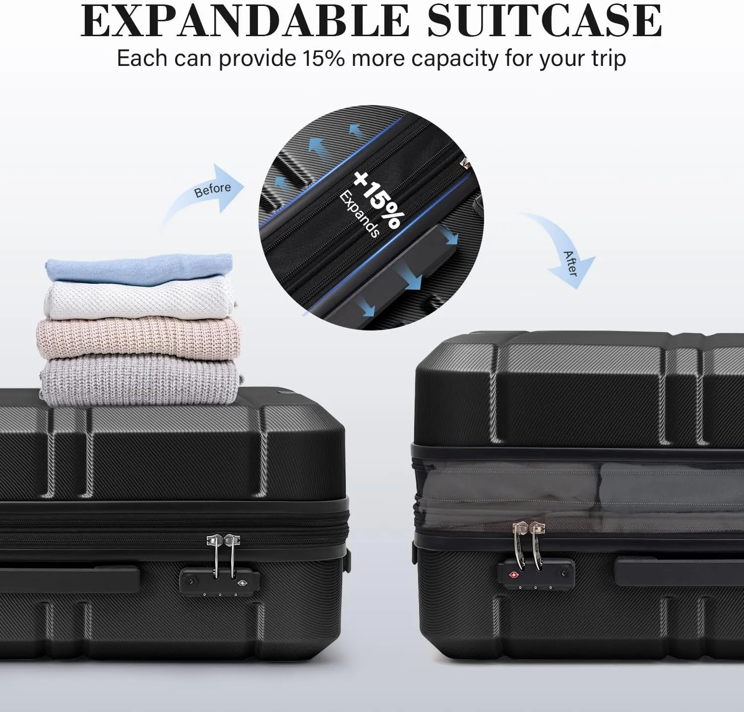 LONG VACATION Hardside Expandable Carry On Luggage, Suitcase with Spinner Wheels TSA Lock, Luggage with USB Port (Black, 20 INCH)