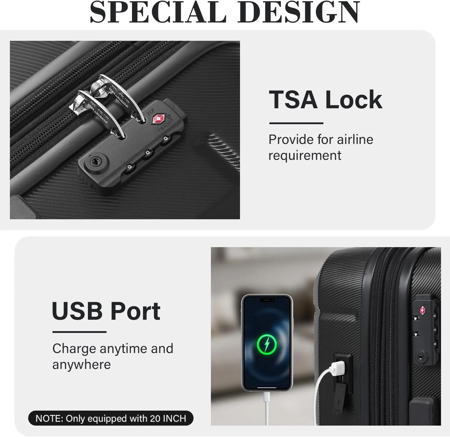 LONG VACATION Hardside Expandable Carry On Luggage, Suitcase with Spinner Wheels TSA Lock, Luggage with USB Port (Black, 20 INCH)