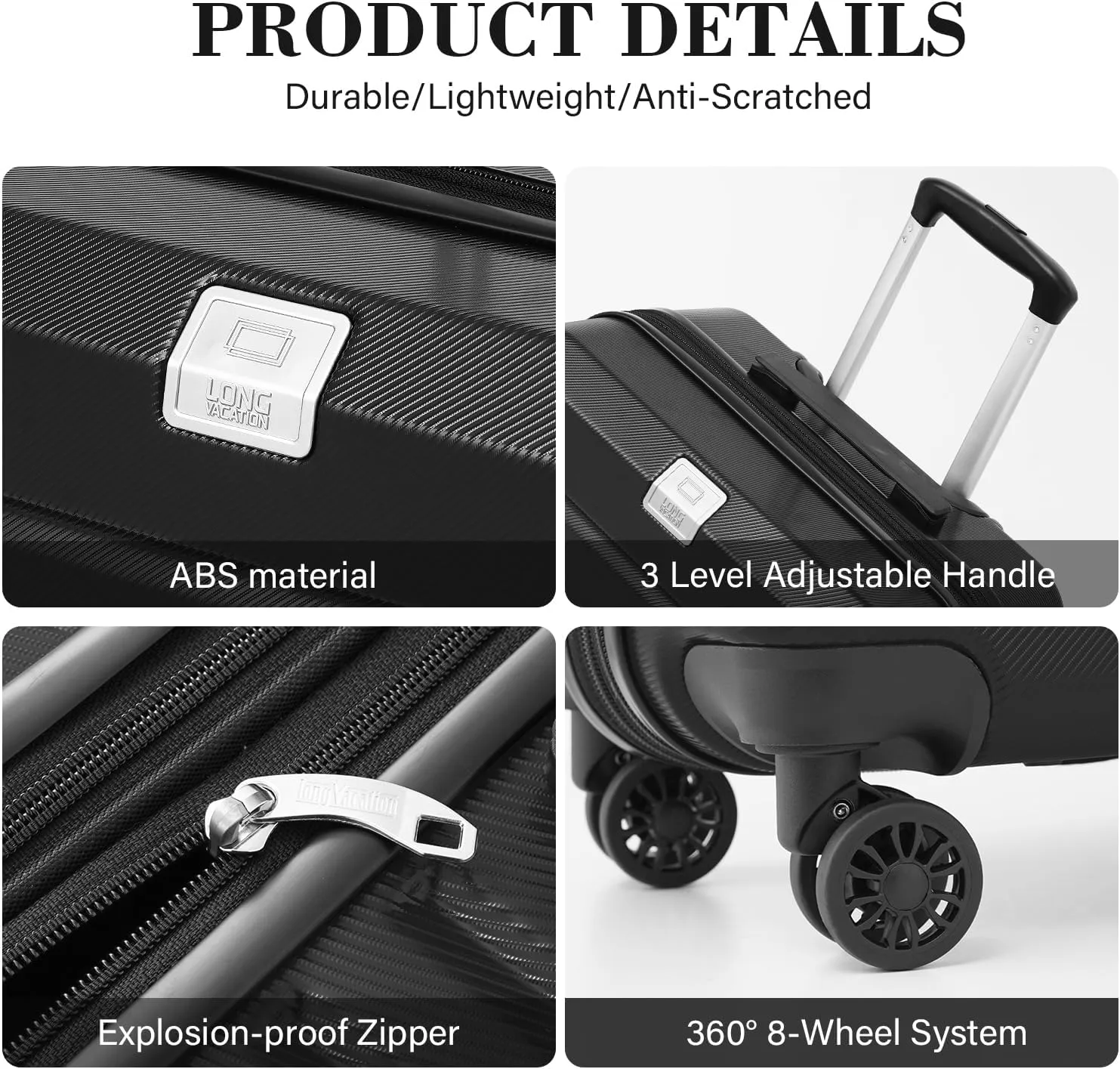 LONG VACATION Hardside Expandable Carry On Luggage, Suitcase with Spinner Wheels TSA Lock, Luggage with USB Port (Black, 20 INCH)