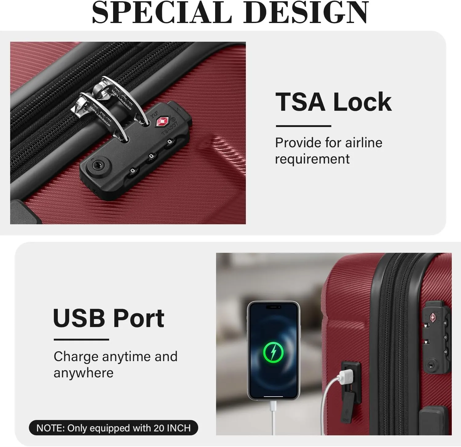 LONG VACATION Hardside Expandable Carry On Luggage, Suitcase with Spinner Wheels TSA Lock, Luggage with USB Port (Wine Red, 20 INCH)