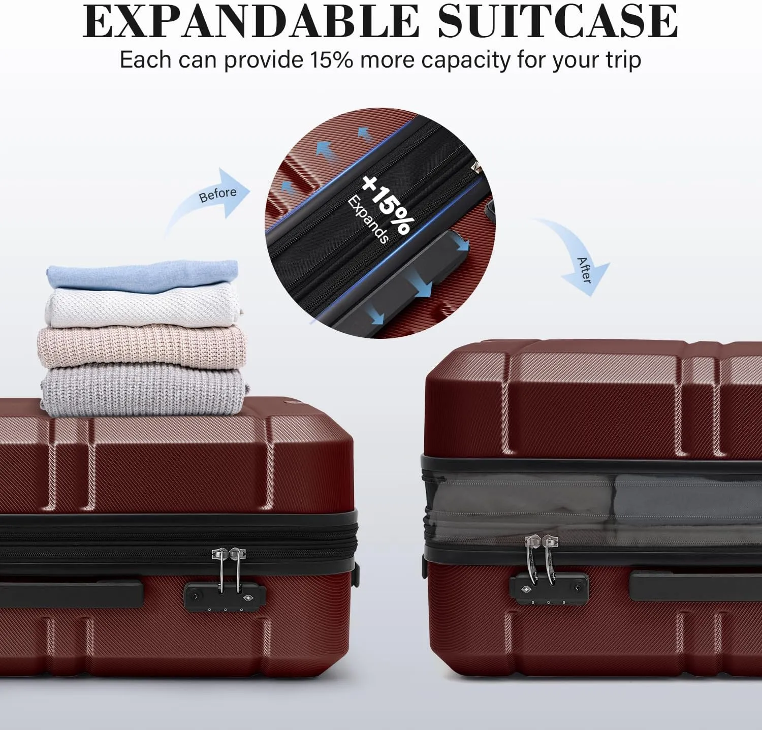 LONG VACATION Hardside Expandable Carry On Luggage, Suitcase with Spinner Wheels TSA Lock, Luggage with USB Port (Wine Red, 20 INCH)
