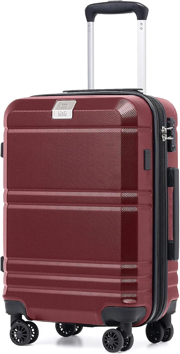 LONG VACATION Hardside Expandable Carry On Luggage, Suitcase with Spinner Wheels TSA Lock, Luggage with USB Port (Wine Red, 20 INCH)