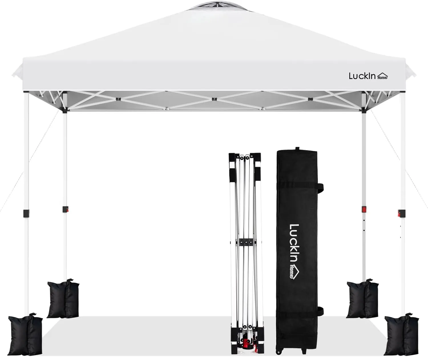 LuckIn 10x10 Heavy Duty Pop Up Canopy Tent - One-Person Setup Commercial Canopy with Wheeled Bag, 150D Silver UV Protection, 120lbs Weight Capacity (White)
