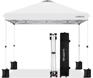 LuckIn 10x10 Heavy Duty Pop Up Canopy Tent - One-Person Setup Commercial Canopy with Wheeled Bag, 150D Silver UV Protection, 120lbs Weight Capacity (White)