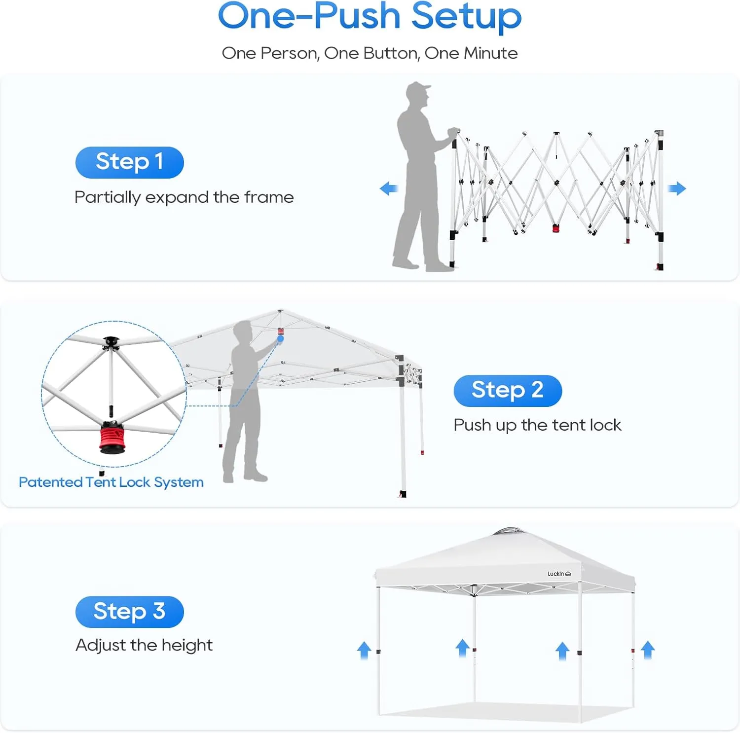 LuckIn 10x10 Heavy Duty Pop Up Canopy Tent - One-Person Setup Commercial Canopy with Wheeled Bag, 150D Silver UV Protection, 120lbs Weight Capacity (White)