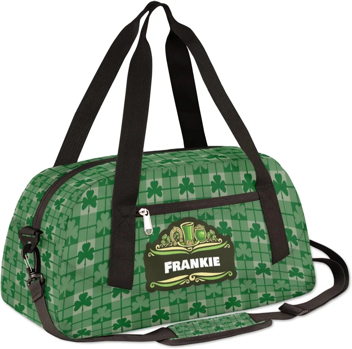 Lucky Clover Plaid Kids Duffel Bag for Girls Boys Teens, Custom Name Dance Bag Overnight Small Duffel Bag Carry On Weekend Sports Gym Travel Bag for School Practice Gymnastics Ballet