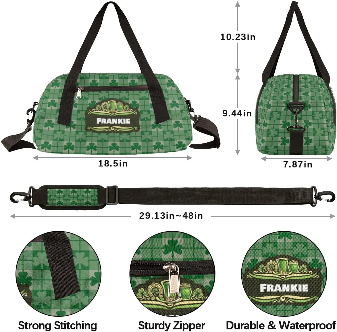 Lucky Clover Plaid Kids Duffel Bag for Girls Boys Teens, Custom Name Dance Bag Overnight Small Duffel Bag Carry On Weekend Sports Gym Travel Bag for School Practice Gymnastics Ballet