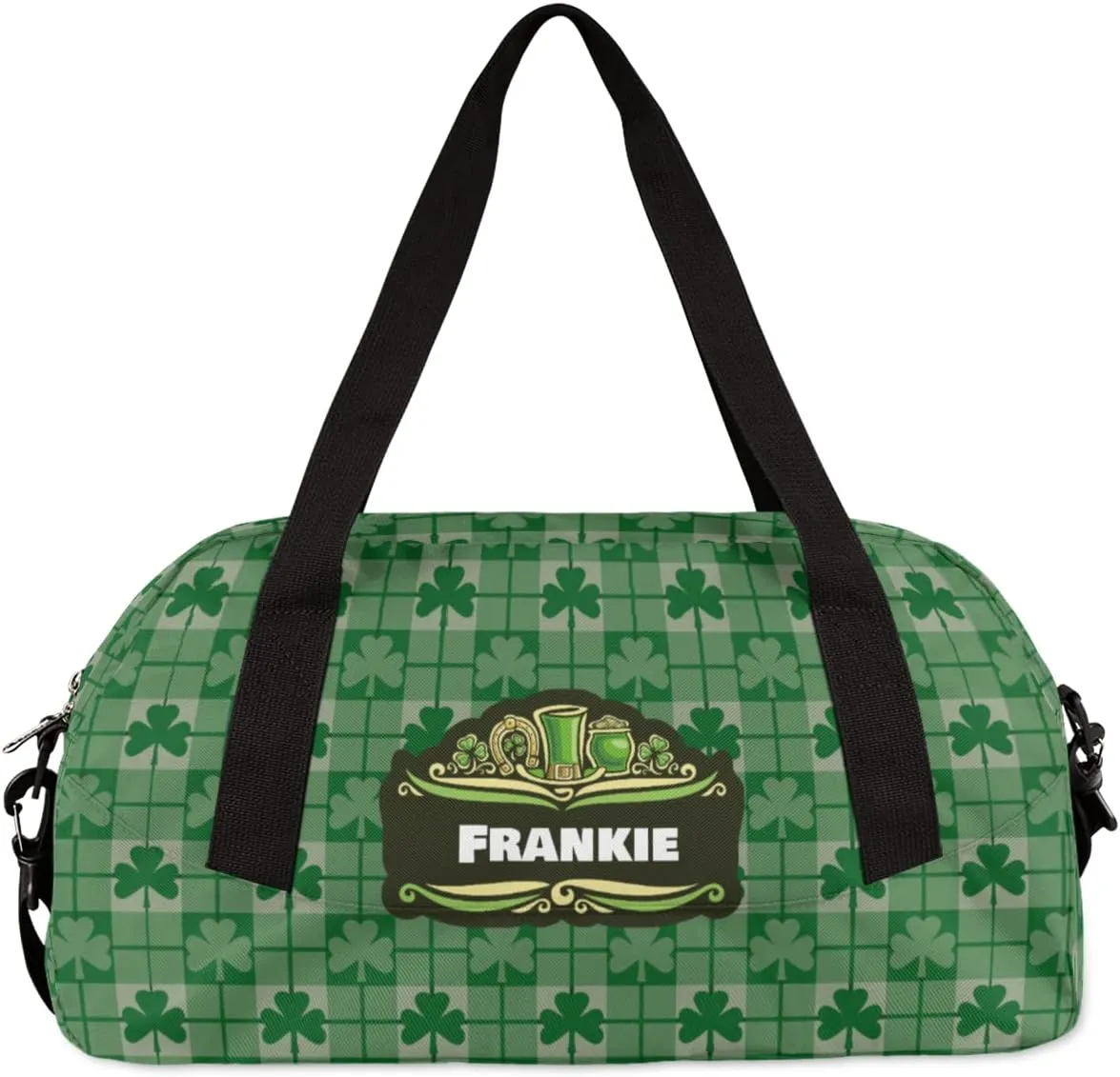 Lucky Clover Plaid Kids Duffel Bag for Girls Boys Teens, Custom Name Dance Bag Overnight Small Duffel Bag Carry On Weekend Sports Gym Travel Bag for School Practice Gymnastics Ballet