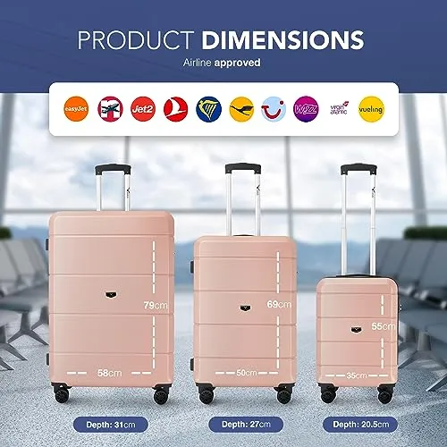 LUGG Travel Suitcase Set, 3 Hard Shell Cabin & Hold Luggage, Airline Approved, Lightweight & Strong, Secure TSA Lock, Internal Storage Pockets, Smooth Turning Wheels, 20" 25" 29" Suitcases (Rose Gold)