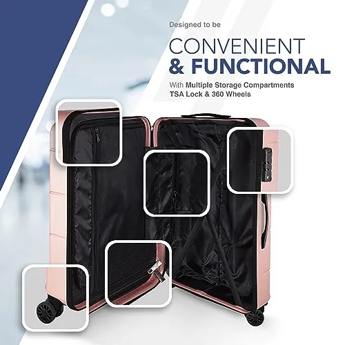 LUGG Travel Suitcase Set, 3 Hard Shell Cabin & Hold Luggage, Airline Approved, Lightweight & Strong, Secure TSA Lock, Internal Storage Pockets, Smooth Turning Wheels, 20" 25" 29" Suitcases (Rose Gold)