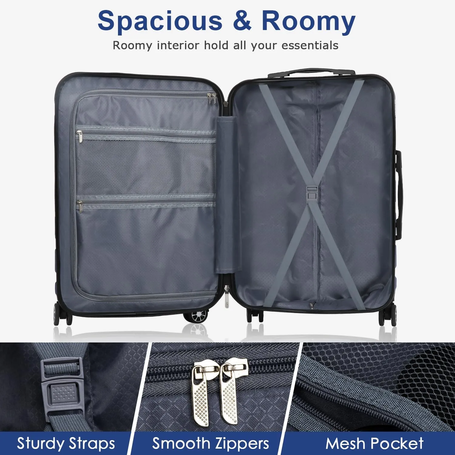 Luggage Sets Hardside Lightweight Suitcase with Spinner Wheels TSA Lock, 3-Piece Set (20/24/28), Navy Blue
