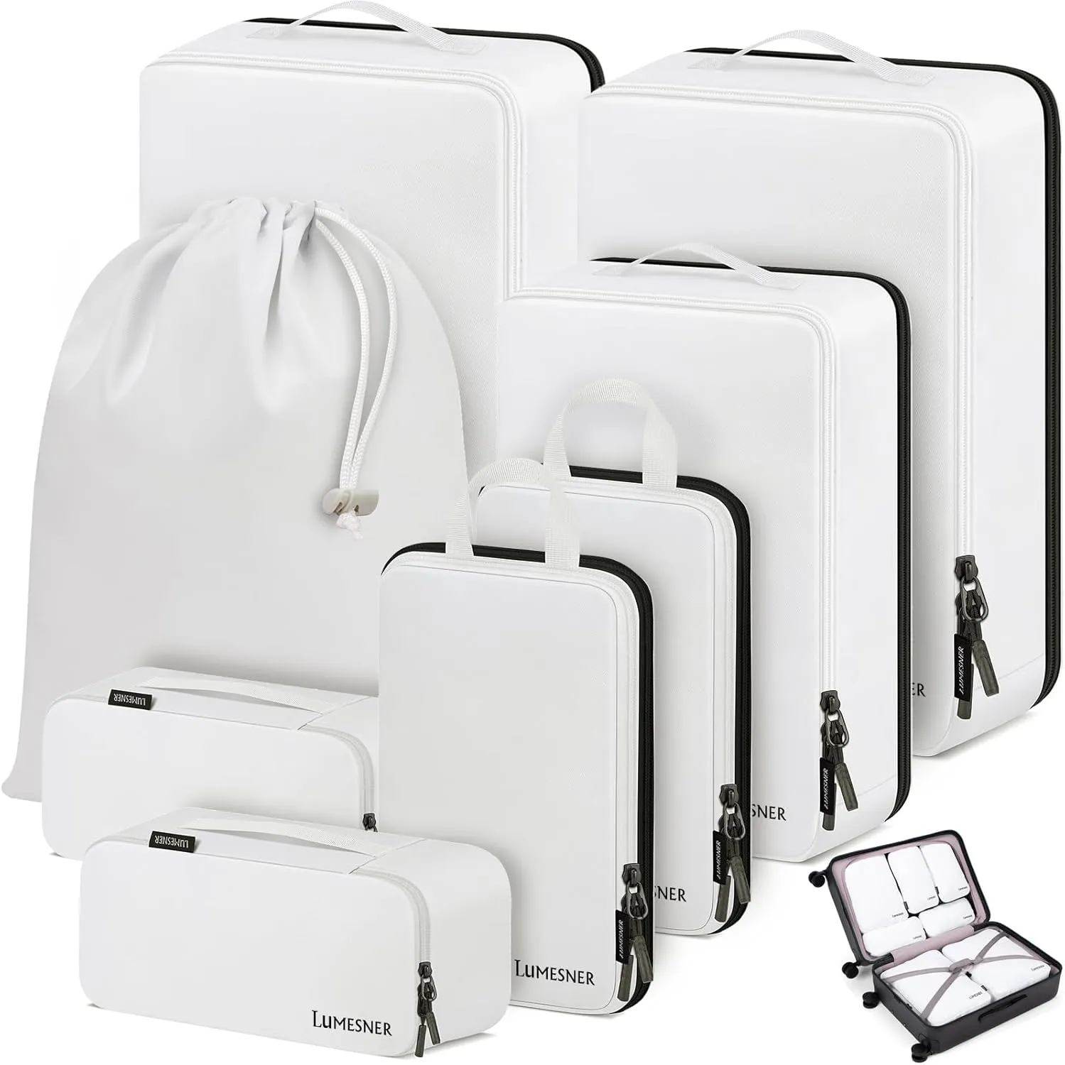 Lumesner Compression Packing Cubes, 8 Set Travel Packing Cubes for Carry on Suitcases, Compression Suitcase Organizers Bag Set & Travel Cubes (8pc - White)
