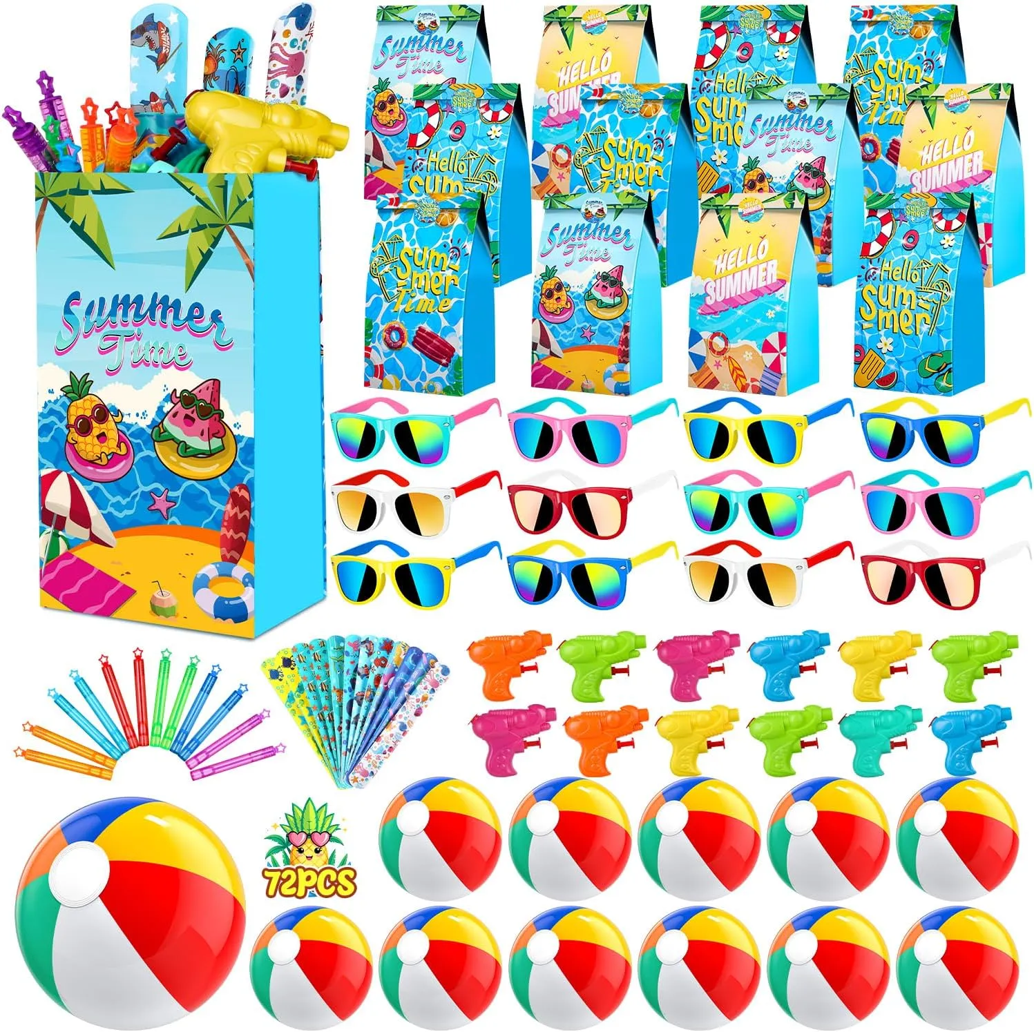 Luucio 72 PCS Pool Party Favors, Beach Summer Birthday Party Favors for Kids 3-5 4-8 8-12, Pool Party Supplies Birthday Party Supplies with Beach Balls, Sunglasses Bulk, End of Year Student Gifts