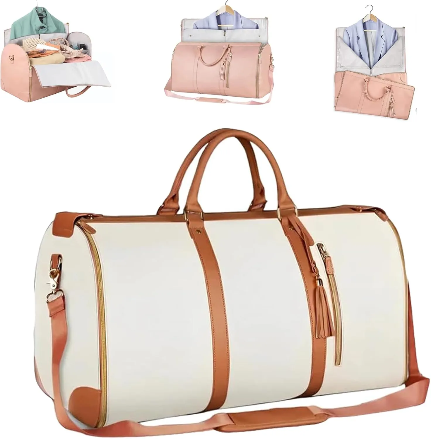 Luxmega Travel Bag, Collapsible Duffle Bag with Shoe Pouch for Men Women (Cream)