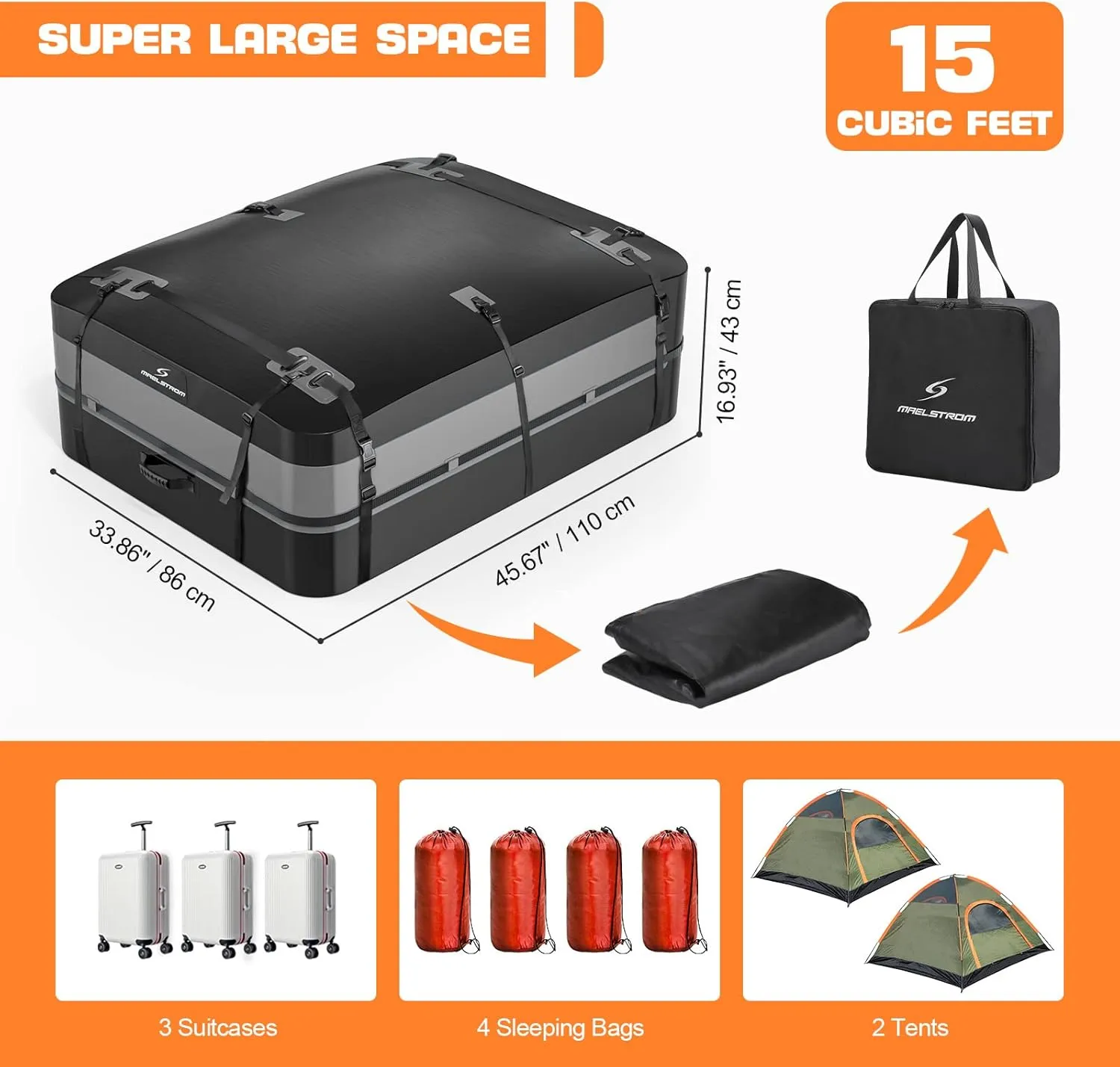Maelstrom Rooftop Cargo Carrier,Car Roof Bag,15 Cubic Feet Waterproof Roof Rack Cargo Carrier,Tear Resistant Vehicle Cargo Carrier for Car with/Without Rack,Gray (BST01-MSRB01-15CFBKGY-1)