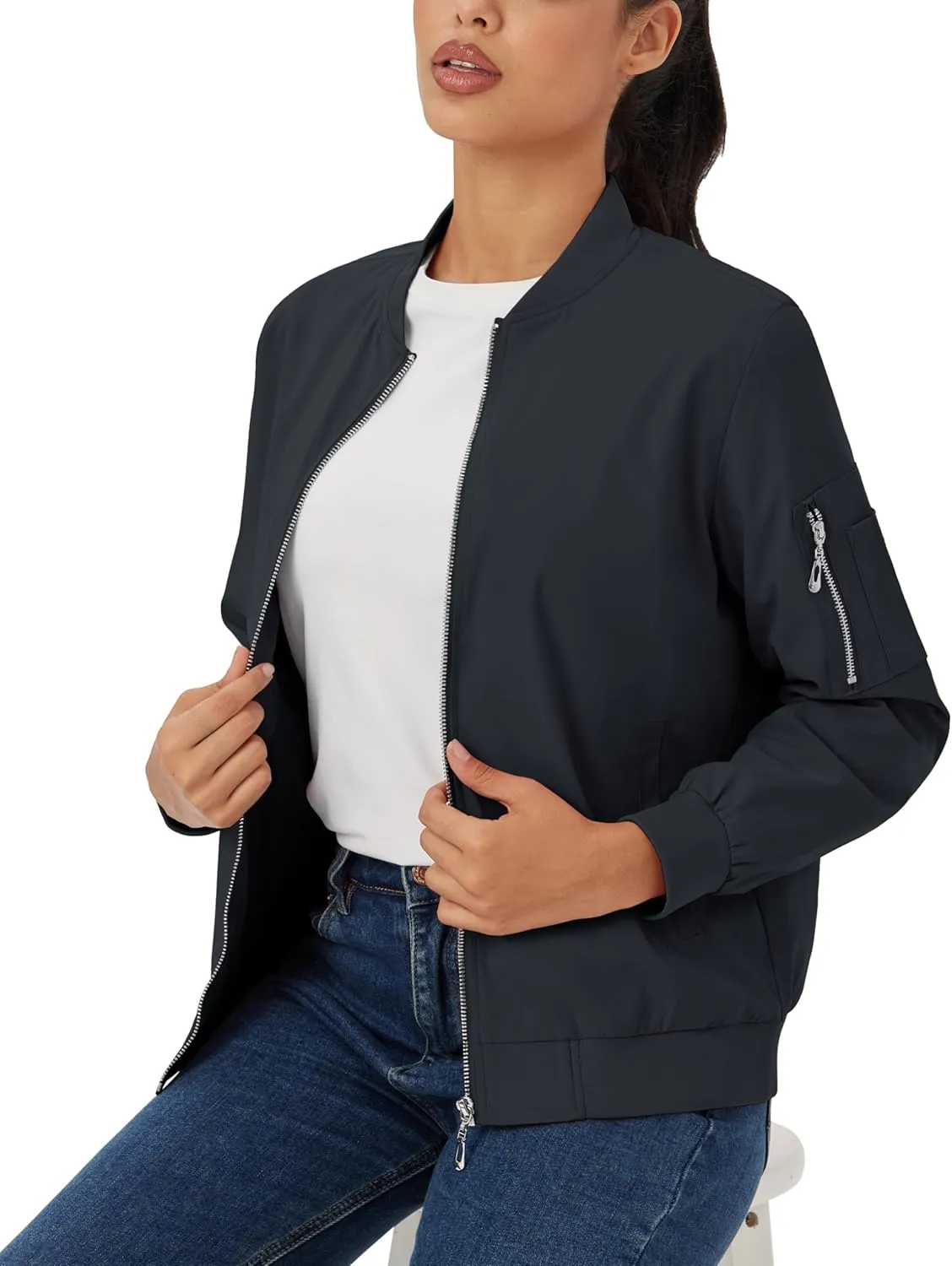 MAGCOMSEN Women's Jacket Lightweight Bomber Jackets 5 Pockets Windbreaker Zip-up Casual Moto Outwear