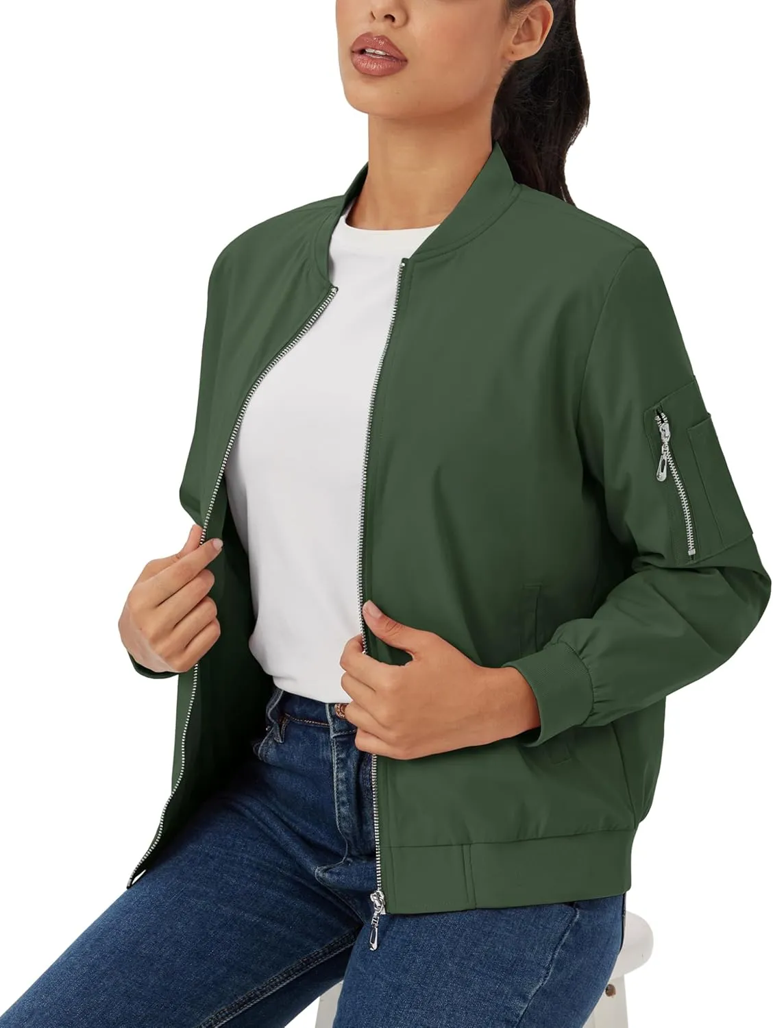 MAGCOMSEN Women's Jacket Lightweight Bomber Jackets 5 Pockets Windbreaker Zip-up Casual Moto Outwear