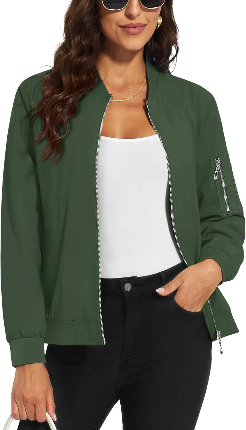 MAGCOMSEN Women's Jacket Lightweight Bomber Jackets 5 Pockets Windbreaker Zip-up Casual Moto Outwear