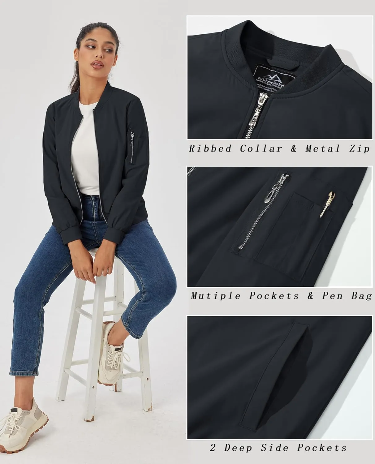 MAGCOMSEN Women's Jacket Lightweight Bomber Jackets 5 Pockets Windbreaker Zip-up Casual Moto Outwear