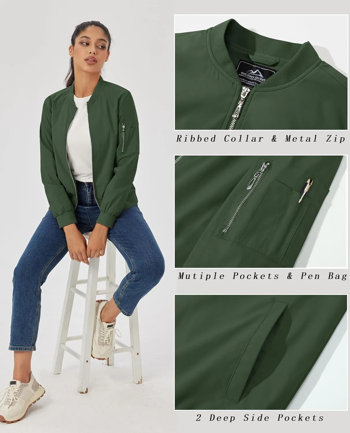 MAGCOMSEN Women's Jacket Lightweight Bomber Jackets 5 Pockets Windbreaker Zip-up Casual Moto Outwear