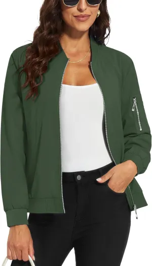 MAGCOMSEN Women's Jacket Lightweight Bomber Jackets 5 Pockets Windbreaker Zip-up Casual Moto Outwear