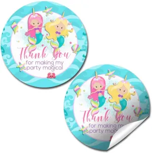 Magical Pink Unicorn Mermaids with Light Complexion Thank You Sticker Labels for Girls, 40 2" Party Circle Stickers by AmandaCreation, Great for Party Favors, Envelope Seals & Goodie Bags