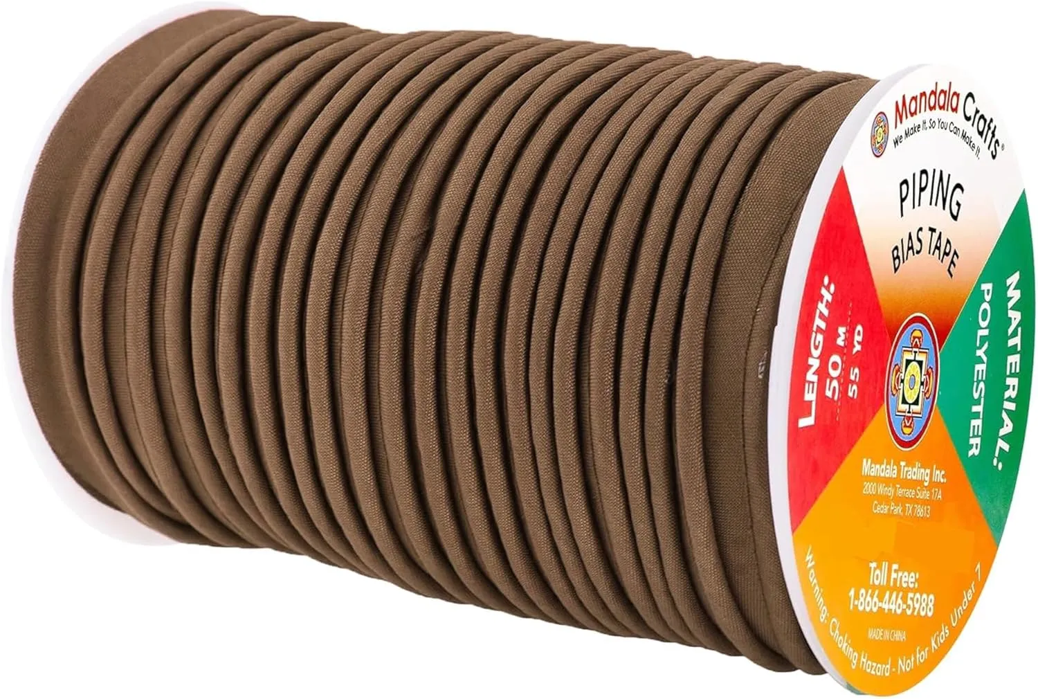 Mandala Crafts Mocha Brown Maxi Piping Bias Tape with Welting Cord - 1/2 Inch Upholstery Piping Trim for Sewing, Cushions, Slipcovers, and DIY Decor - 55 Yards Lip Cord Trim