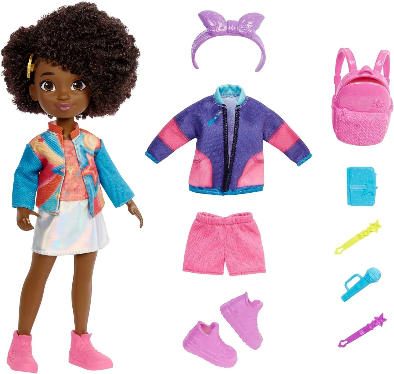 Mattel Karma's World Fashion Pack with Karma Grant Doll, Clothes & Accessories, From School to Stage Set with 14 Pieces, Dark Brown Hair