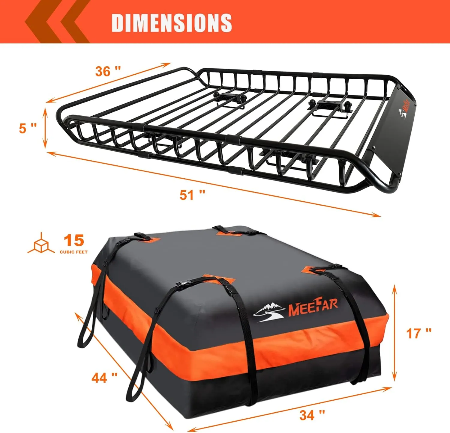 MeeFar Roof Rack Carrier Basket Universal Rooftop 51" X 36" X 5"   Waterproof Bag 15 Cubic Feet (44" 34" 17"), and Cargo Net with Attachment Hooks, Ratchet Straps