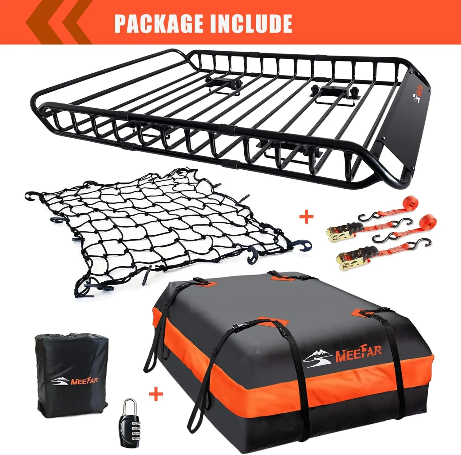 MeeFar Roof Rack Carrier Basket Universal Rooftop 51" X 36" X 5"   Waterproof Bag 15 Cubic Feet (44" 34" 17"), and Cargo Net with Attachment Hooks, Ratchet Straps