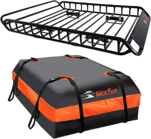 MeeFar Roof Rack Carrier Basket Universal Rooftop 51" X 36" X 5"   Waterproof Bag 15 Cubic Feet (44" 34" 17"), and Cargo Net with Attachment Hooks, Ratchet Straps