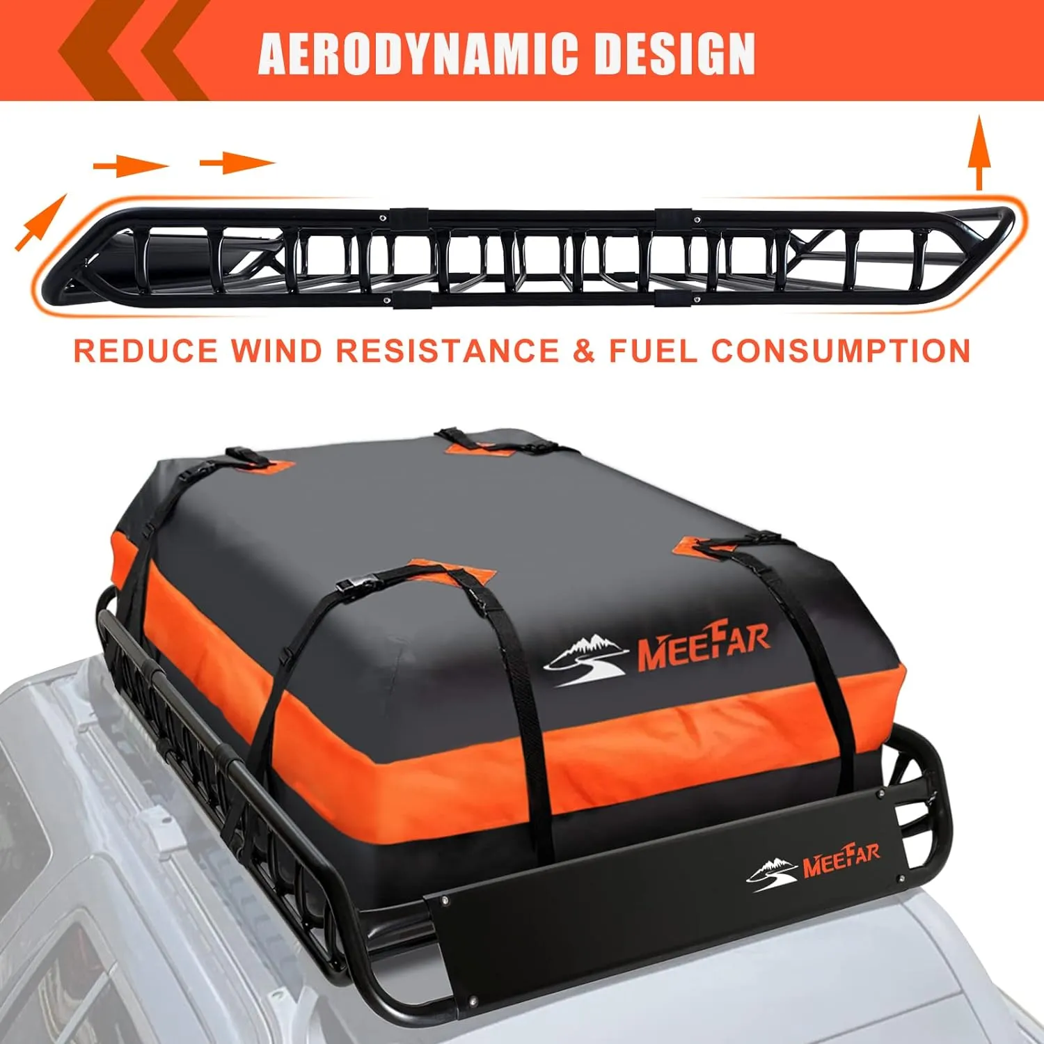 MeeFar Roof Rack Carrier Basket Universal Rooftop 51" X 36" X 5"   Waterproof Bag 15 Cubic Feet (44" 34" 17"), and Cargo Net with Attachment Hooks, Ratchet Straps