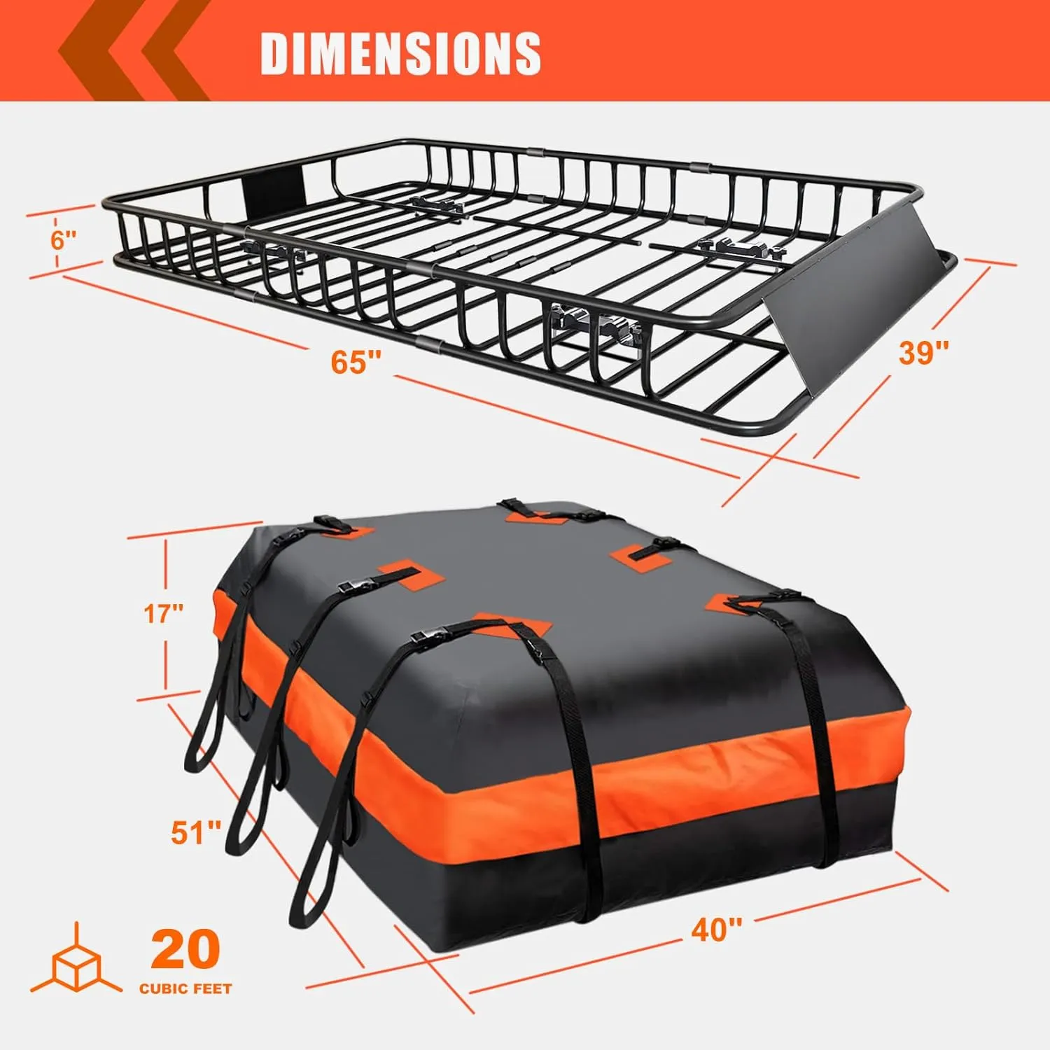 MeeFar Roof Rack Carrier Basket Universal Rooftop 65" X 39" X 6" Large Size Roof Rack   Waterproof Bag 20 Cubic Feet (51" 40" 17"), and Cargo Net with Attachment Hooks, Ratchet Straps