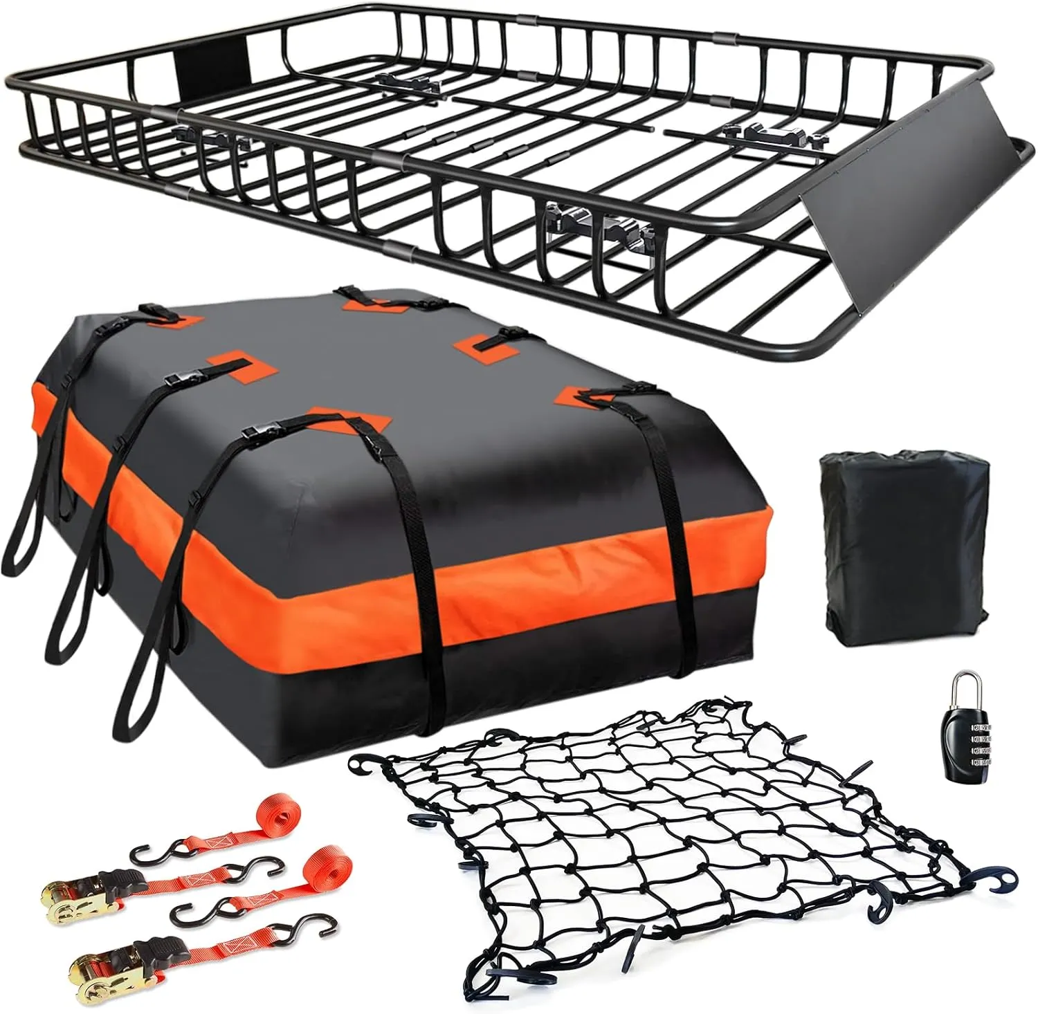 MeeFar Roof Rack Carrier Basket Universal Rooftop 65" X 39" X 6" Large Size Roof Rack   Waterproof Bag 20 Cubic Feet (51" 40" 17"), and Cargo Net with Attachment Hooks, Ratchet Straps