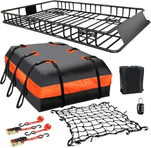 MeeFar Roof Rack Carrier Basket Universal Rooftop 65" X 39" X 6" Large Size Roof Rack   Waterproof Bag 20 Cubic Feet (51" 40" 17"), and Cargo Net with Attachment Hooks, Ratchet Straps