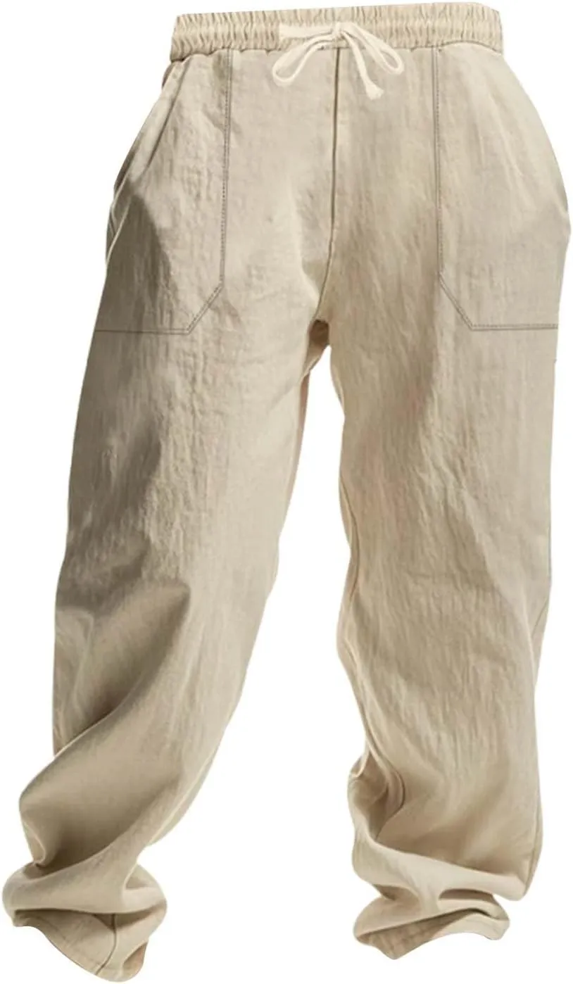 Men's Casual Linen Pants Loose Fit Elastic Waist Drawstring Beach Summer Pant Lightweight Cotton Trousers with Pocket