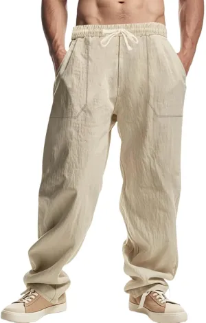 Men's Casual Linen Pants Loose Fit Elastic Waist Drawstring Beach Summer Pant Lightweight Cotton Trousers with Pocket