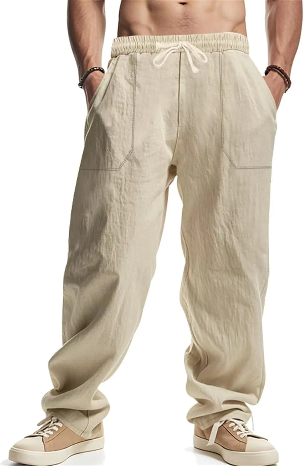 Men's Casual Linen Pants Loose Fit Elastic Waist Drawstring Beach Summer Pant Lightweight Cotton Trousers with Pocket