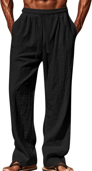 Men's Cotton Linen Pants Drawstring Pants with Pockets Elastic Waist Casual Jogger Yoga Pants Work Pants for Men