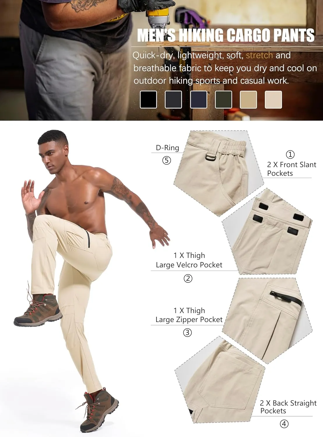 Men's Hiking Cargo Pants Waterproof Lightweight Quick Dry 6 Pockets Stretch Work Fishing Travel Outdoor Pants