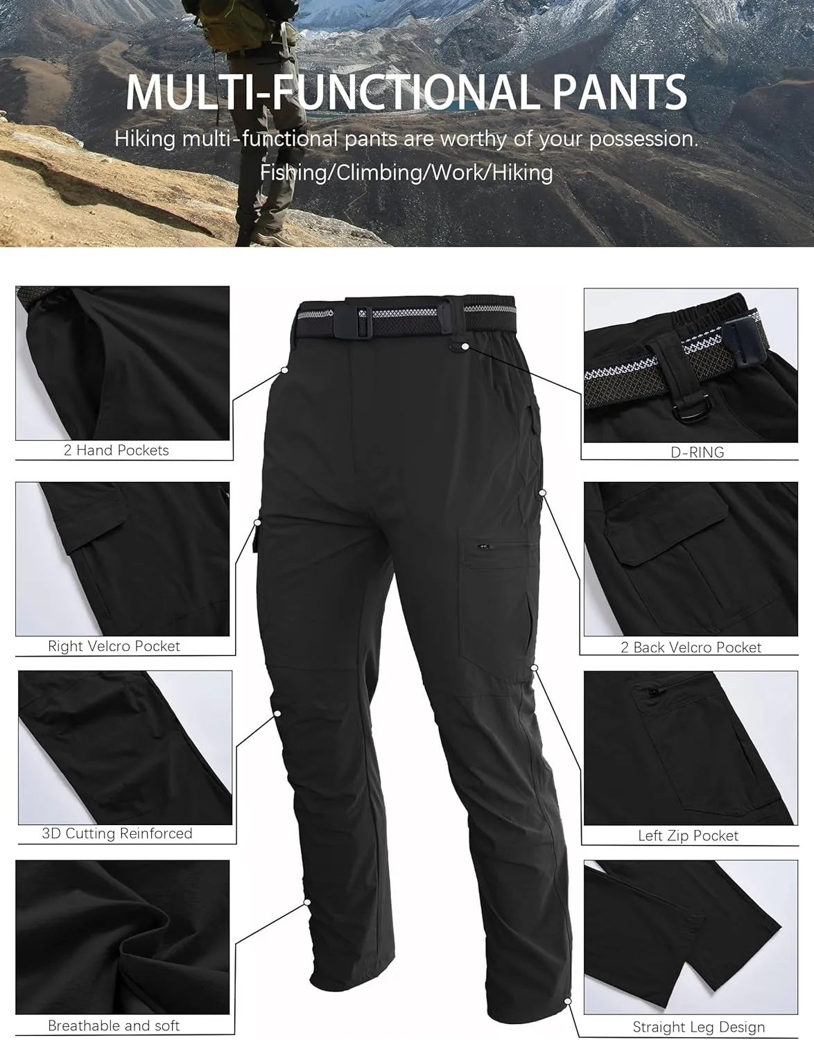 Men's Hiking Cargo Work Pants Lightweight Waterproof Quick Dry Camping Fishing Travel Outdoor Pants
