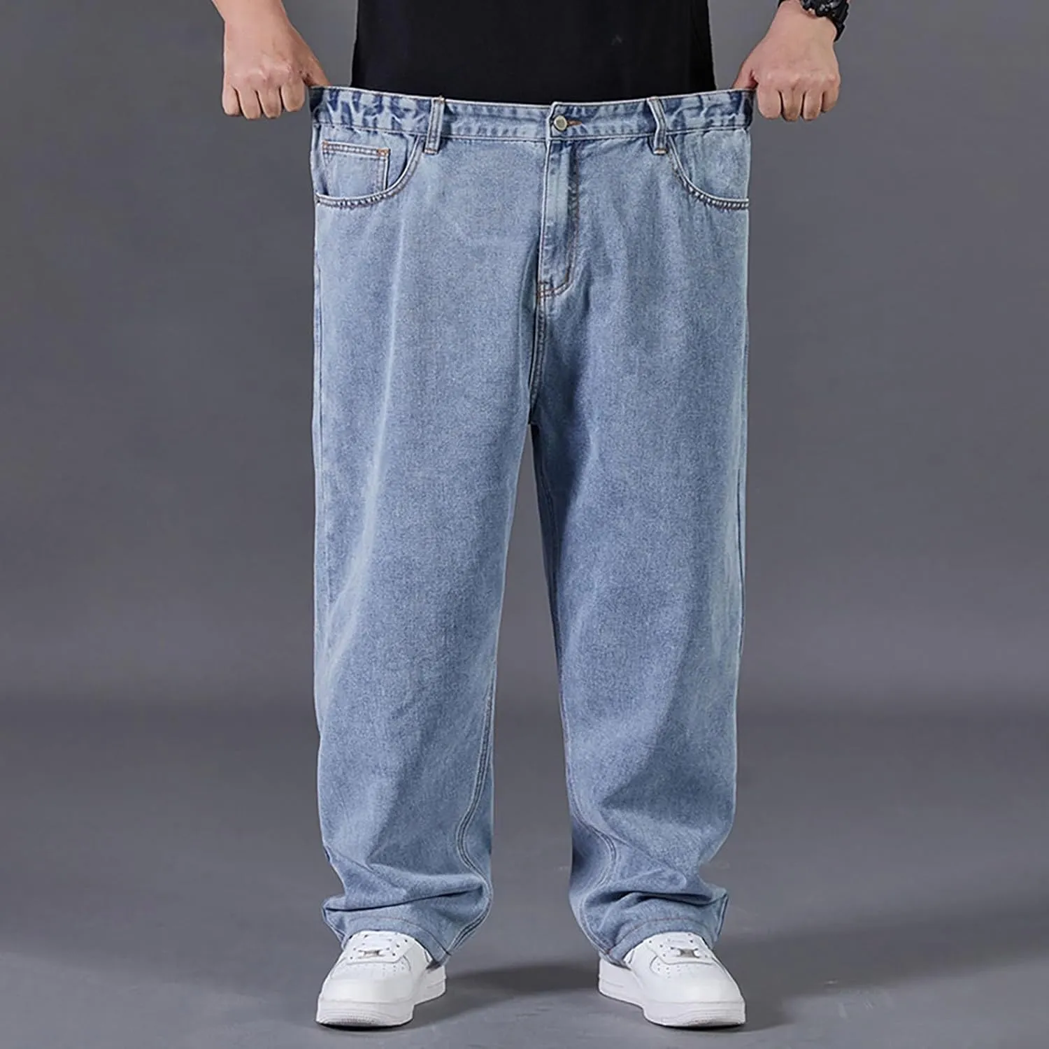 Mens Relaxed Fit Jeans Y2k Hip Hop Streetwear Wide Leg Jean Plus Size Baggy Straight Leg Denim Pants Casual Trousers